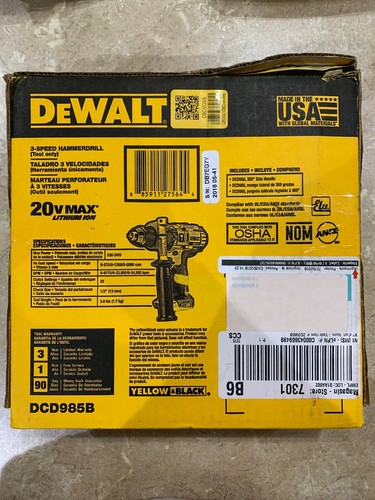 DEWALT DCD985B DCD985 20-volt Max Lithium Ion 1/2-Inch Hammer Drill/Drill Dri...