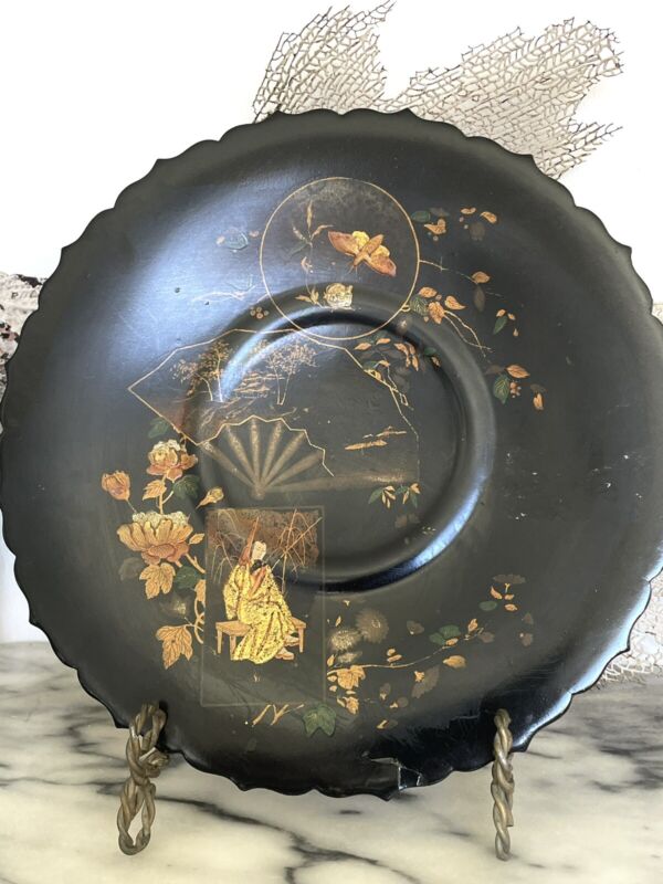 Antique Victorian Paper Mache Lacquered Footed Tray Chinoiserie Aesthetic Gold