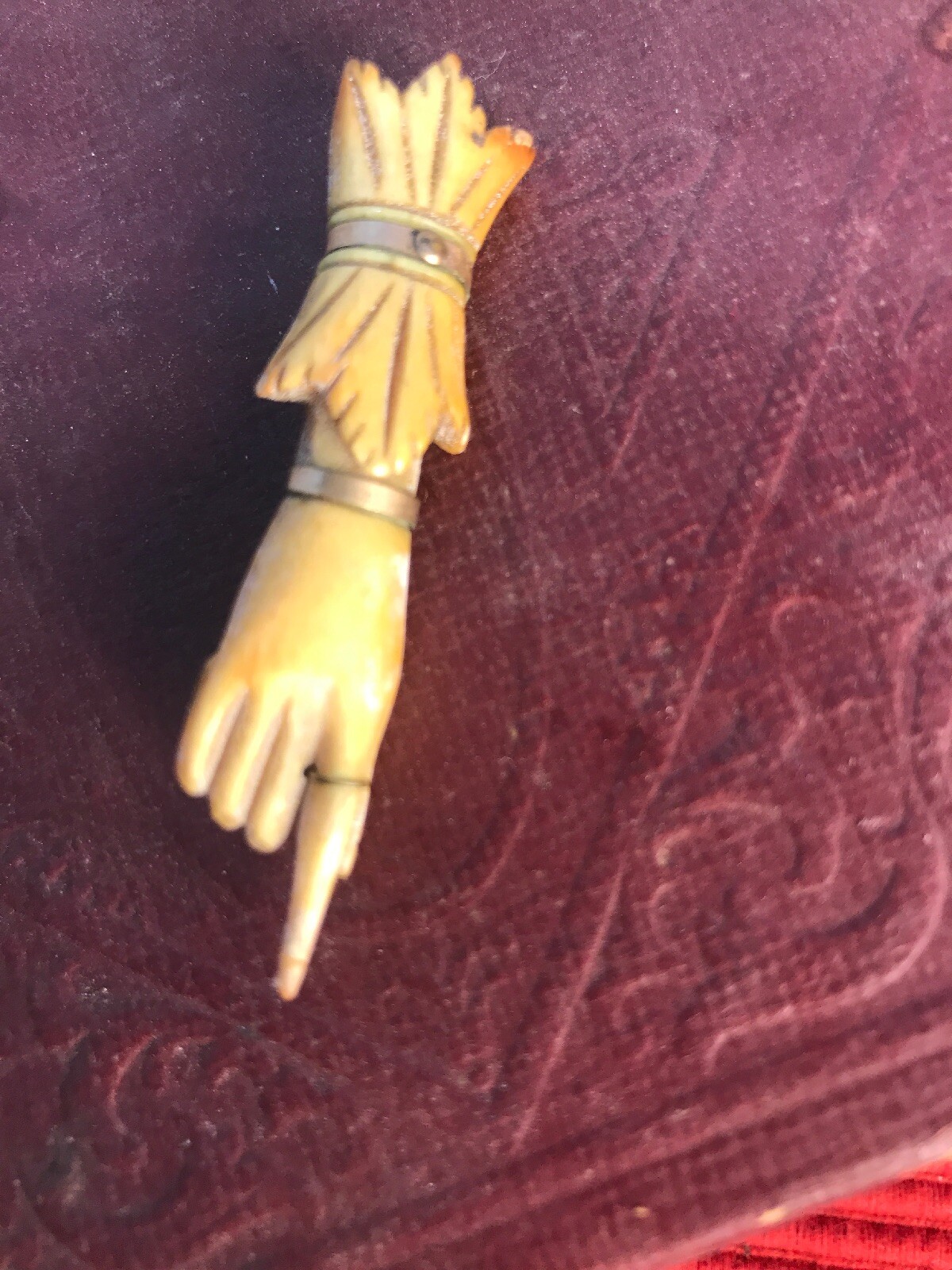 Antique Carved Victorian Bone Pointed Finger HAND BROOCH Pin Gold Accent Jewelry