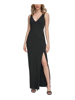 CALVIN KLEIN Womens Black Lined V-back High-slit Sleeveless Gown Dress 14
