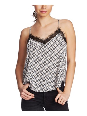 1. STATE Womens White Lace Plaid Spaghetti Strap V Neck Tank Top M