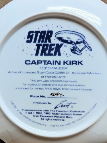 Sci-Fi Star Trek Captain Kirk Collector's plate No. 1409 Box, COA