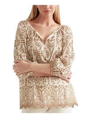 

LAUREN RALPH LAUREN Женский бежевый топ с вышивкой и рукавами 3/4 с завязками на шее  XS