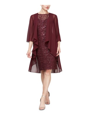 SLNY Womens Maroon Sheer Open Front с рукавом 3/4 Вечерняя куртка 16