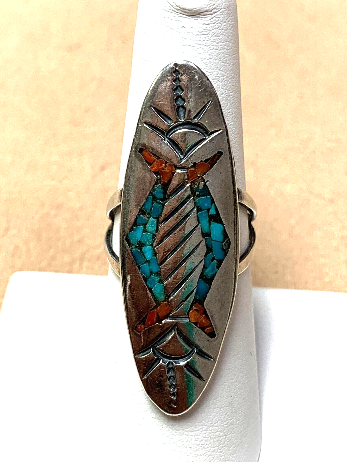 Vtg Navajo Signed J. Nezzle Turquoise & Coral Inlay Sterling
