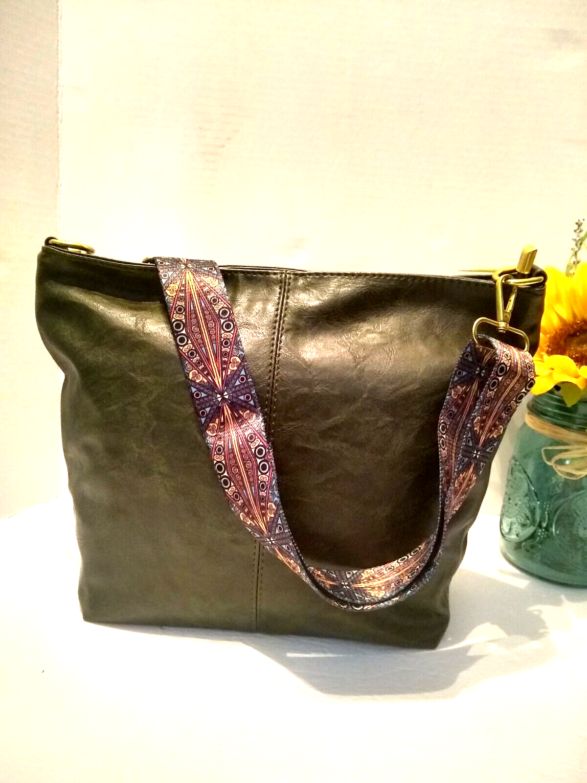 Olive Green Crossbody Shoulder Bag With Multicolored Guitar Strap