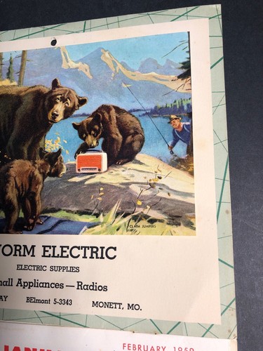 Worm Electric Monett Mo Missouri 1959 Calendar Sign Fishing & Bears Art