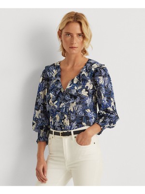 

Темно-синий женский топ свободного кроя RALPH LAUREN с изогнутым краем и длинными рукавами на пуговицах, Navy