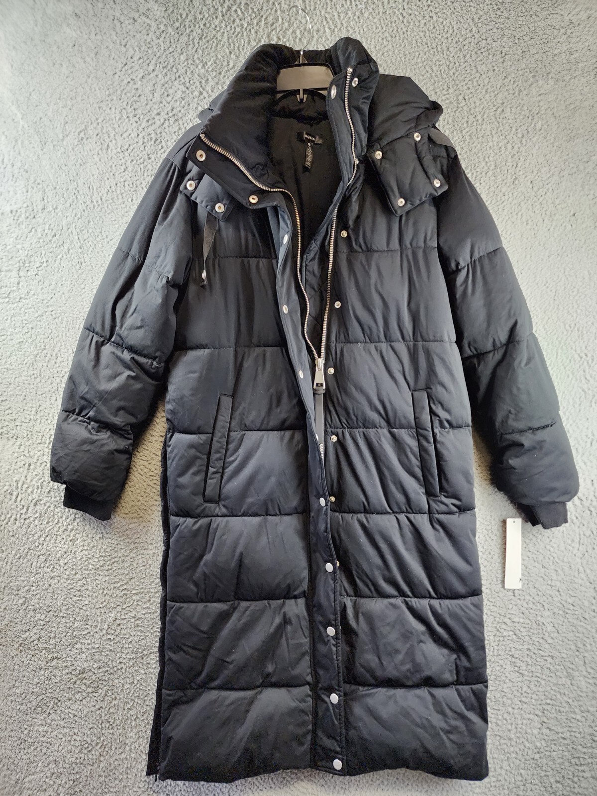 AQUA Long Hooded Puffer Coat Women's Small Black Fixed Drawstring Snap Closure - Picture 1 of 12