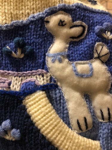 Peruvian Arpillera Sweater Jacket Blue & White Patchwork Embroidered Hoodie