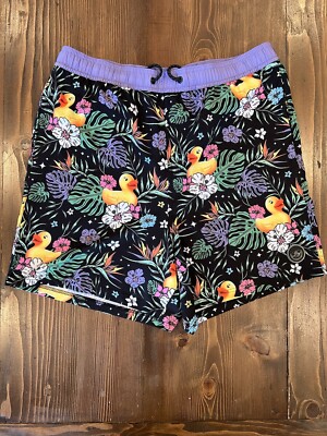 Neff Elastic Swim Trunks XL Black/Purple Tropical/Rubber Duckies With Pockets