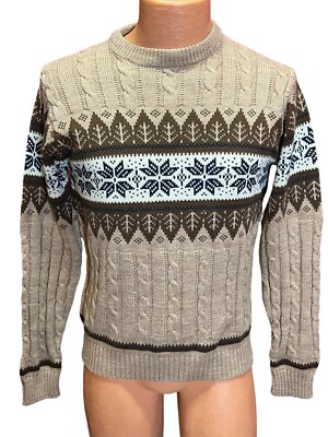 Mens Sz M Vtg 70s Ski Sweater Nordic Snowflake Cable Knit Crew Neck High Sierra