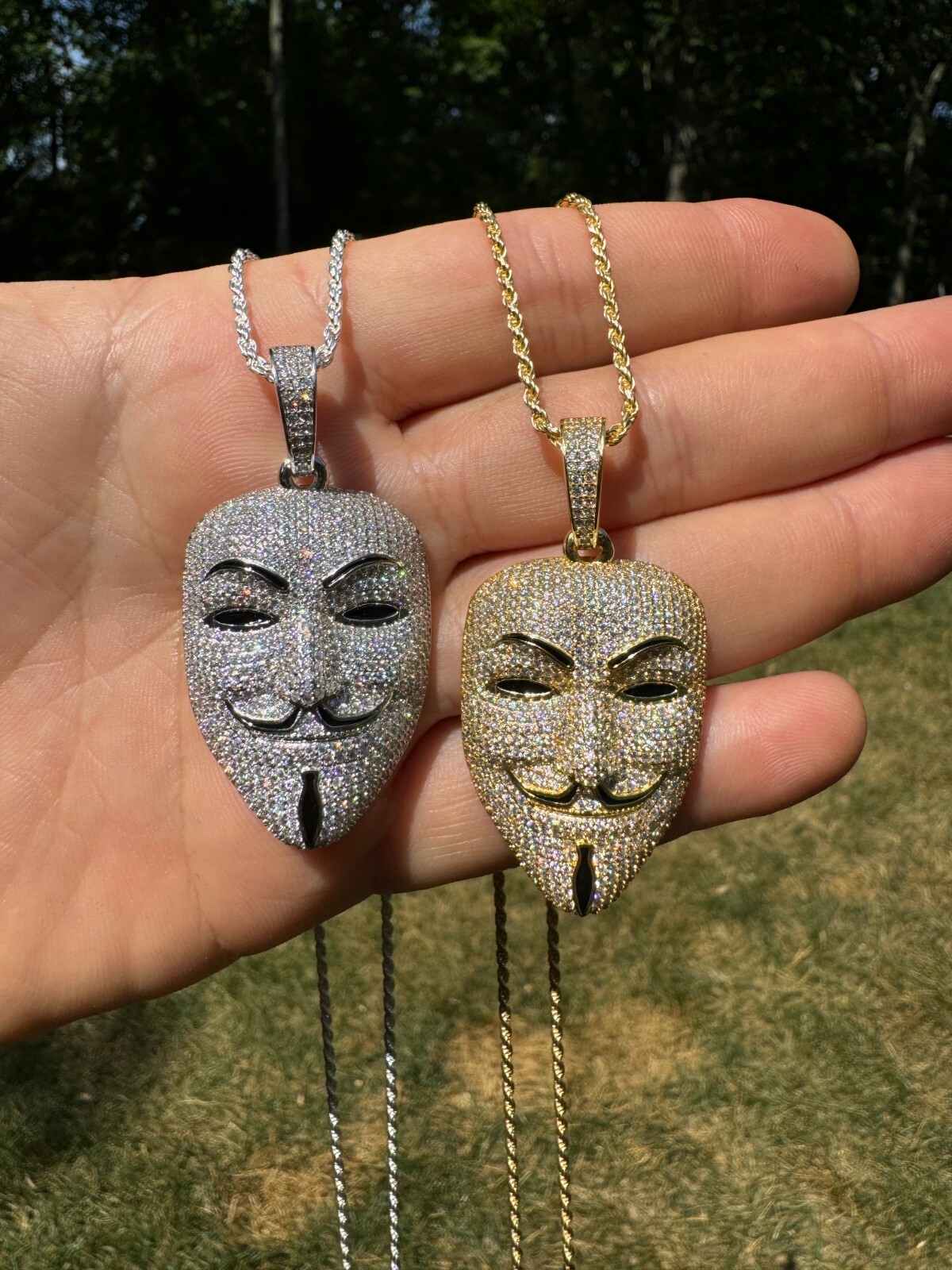 Pre-owned Hip Hop Real Moissanite V For Vendetta Mask Iced Anonymous Pendant Necklace 925 Silver In White