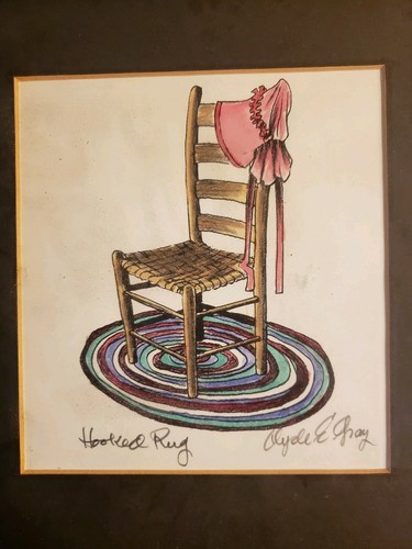 VINTAGE Framed Art Signed Clyde E Gray Hooked Rug