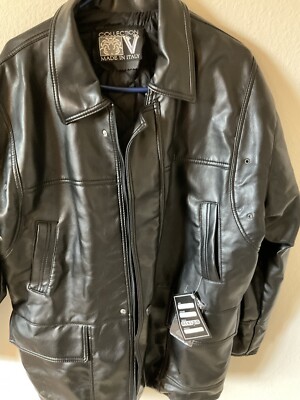 Mens XL Vintage Faux Leather Jacket Black Collection V Made In Italy Excellent