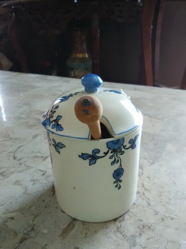 VINTAGE GREY-POUPON DIJON JAR WITH LID AND SPOON 1777 FRANCE, 3 1/2