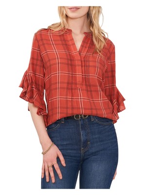 

VINCE CAMUTO Женский красный клетчатый топ с v-образным вырезом и рукавами 3/4