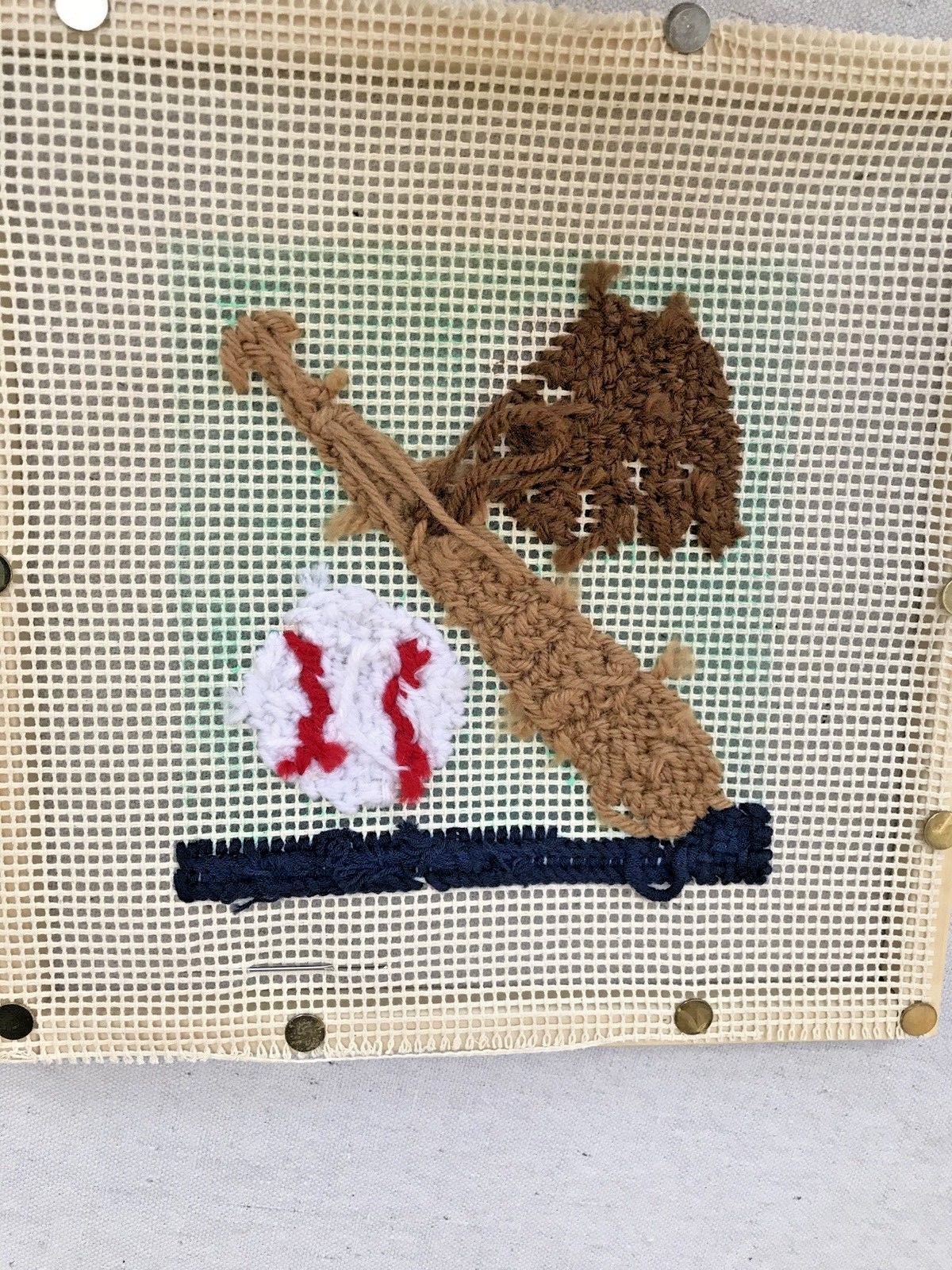 Part Completed Kid's Needlepoint Kit Baseball Theme with Canvas-Yarn-Directions