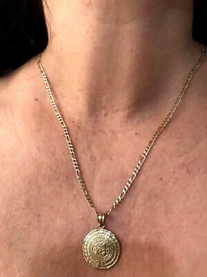 Pre-owned Handmade Gold Necklace Set Aztec Pendant 1.15" Chain Figaro 2.5mm 20" 10k Solid Oro