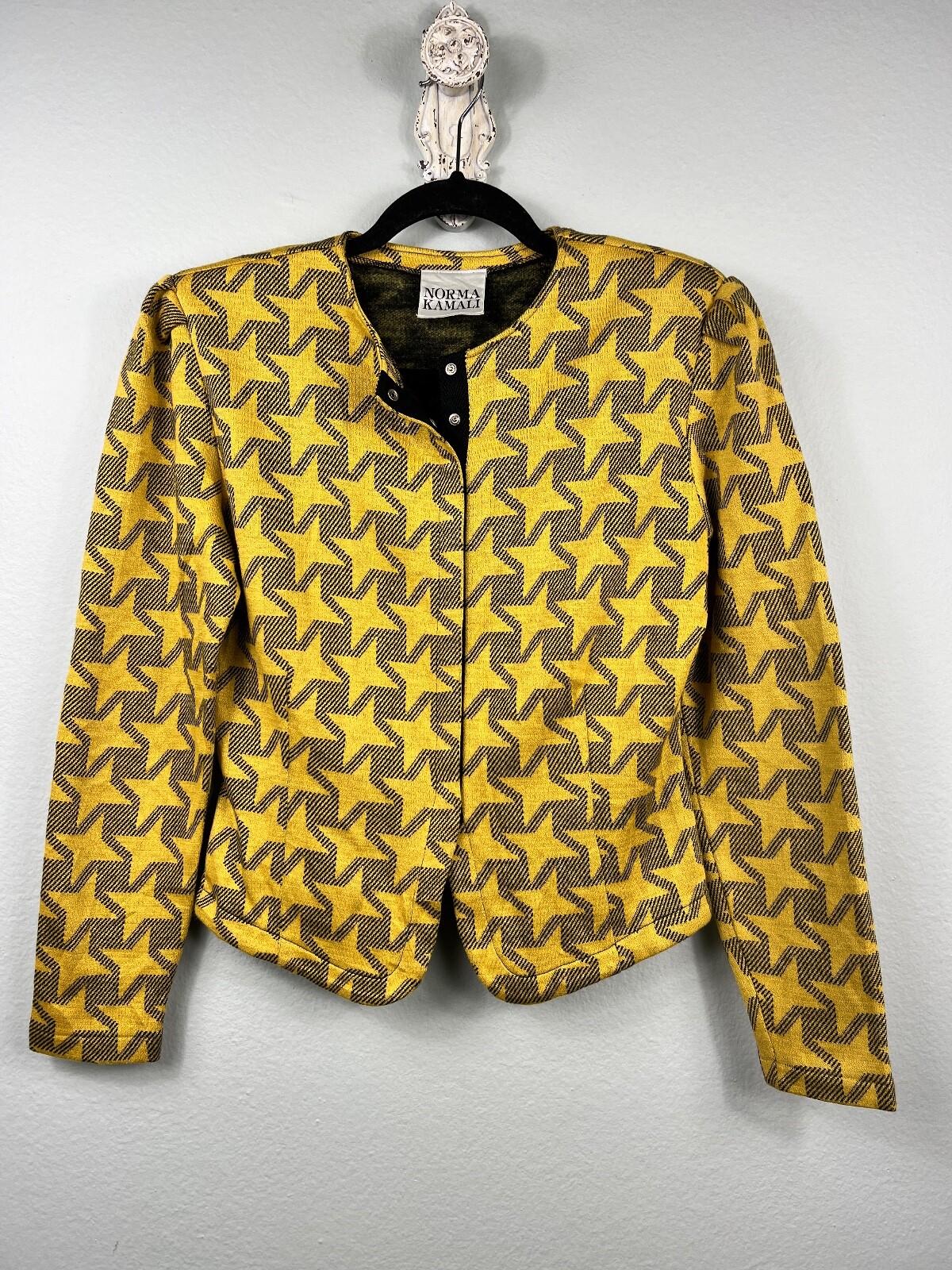 VTG Norma Kamali Knit Blazer Yellow & Black Snap Front Jacket Soft Size Medium