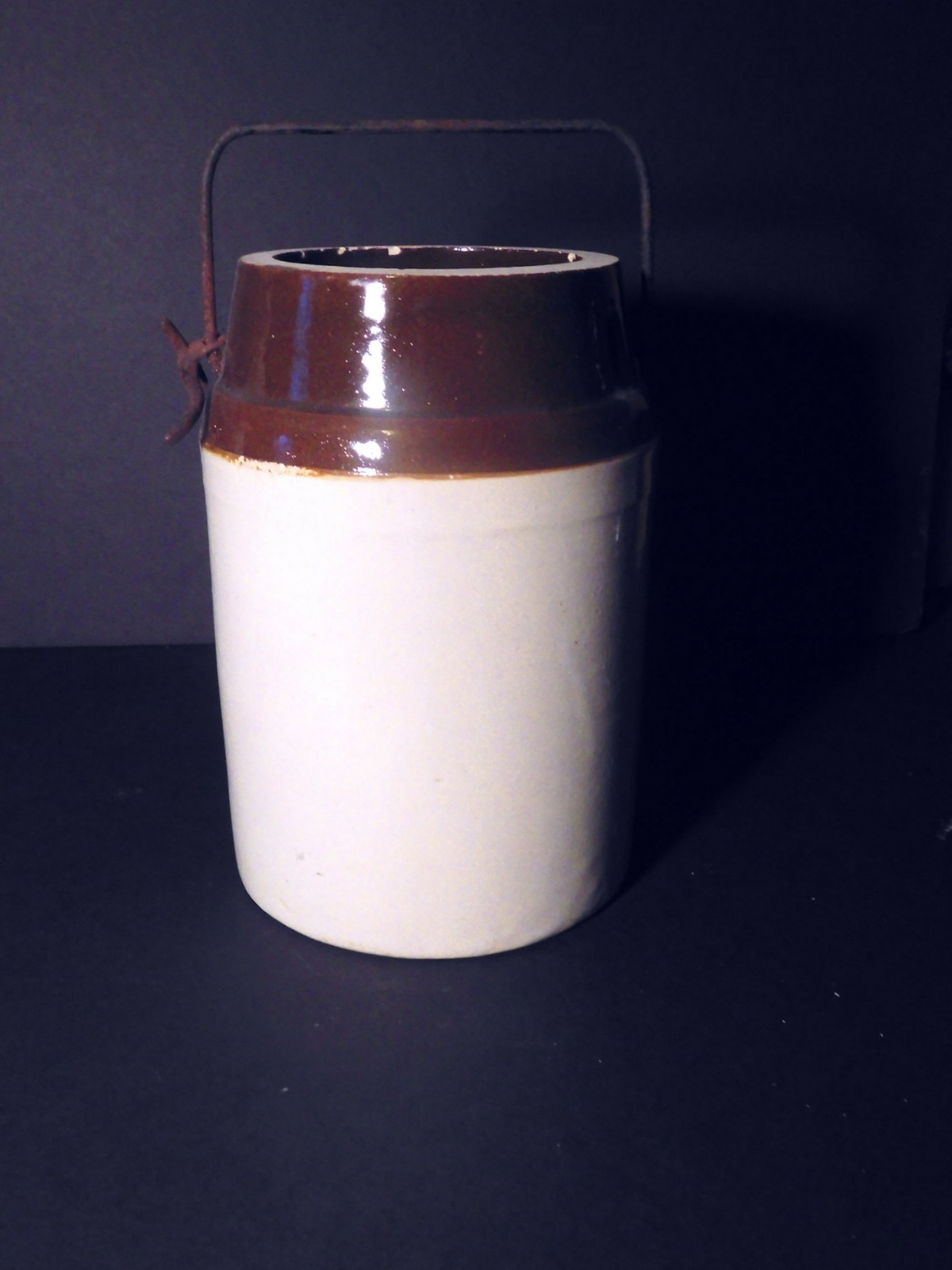 #34 Brown and Tan Vintage Crock with Metal Handle, 2 Quart size
