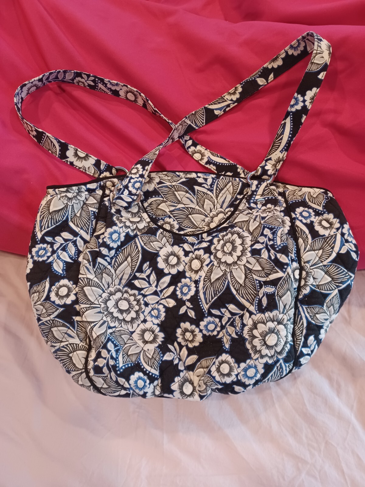 Vera Bradley quilted shoulder bag handbag purse.Black w White and Blue pattern.