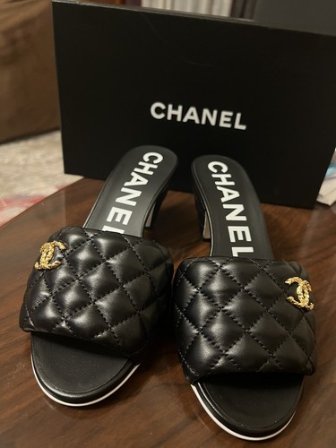 CHANEL CHANEL QUILTED BOOP MULE SANDALS CC LOGO, 37 & 41.5