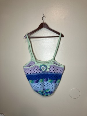 Handmade Knit Crochet Bag Women s Boho Style Green Blue Purple W/ 3D Flower