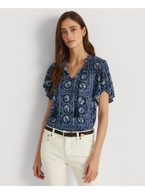 

Женский темно-синий топ с разрезом на рукавах-крылышках RALPH LAUREN с оборками и кисточками  XXL, Navy