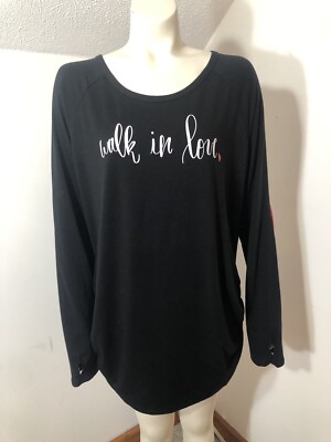 Elly and Grace Womens 1X Longsleeved Tee Black Walk with Love Thumbholes Soft