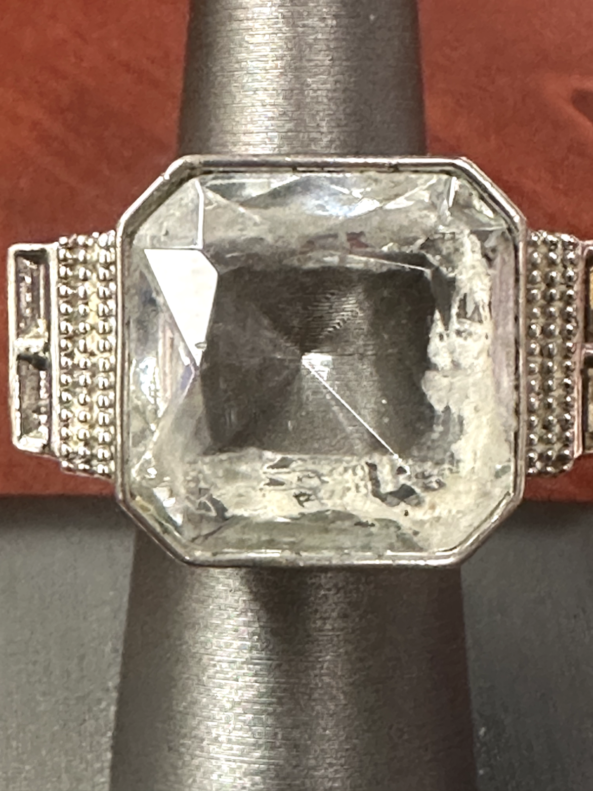 Huge Clear Square Stone In Stainless Steel Setting Ring Dynamic Size 7.5 21.51G