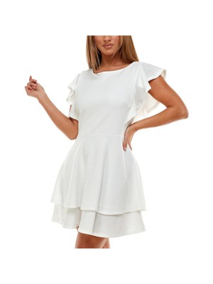 

CRYSTAL DOLLS Женское белое короткое платье с короткими рукавами и рюшами по краю, юниоры, Белый