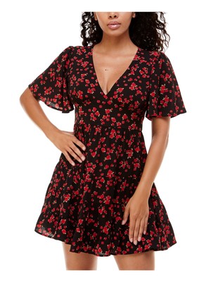 B DARLIN Womens Black Tie Skirt Back Flutter Sleeve Short Fit + Flare Dress 0