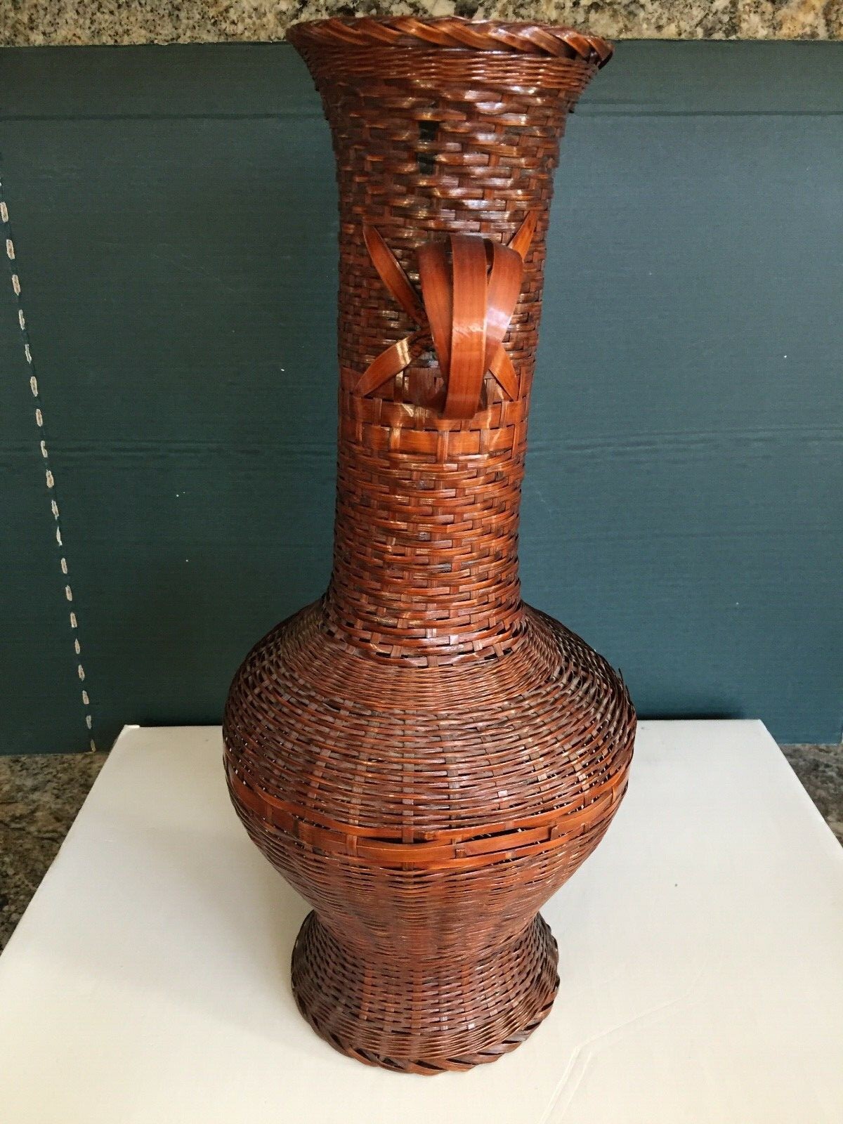 Italian Antique Rattan Wicker Weave Basket Urn 16" With Handles