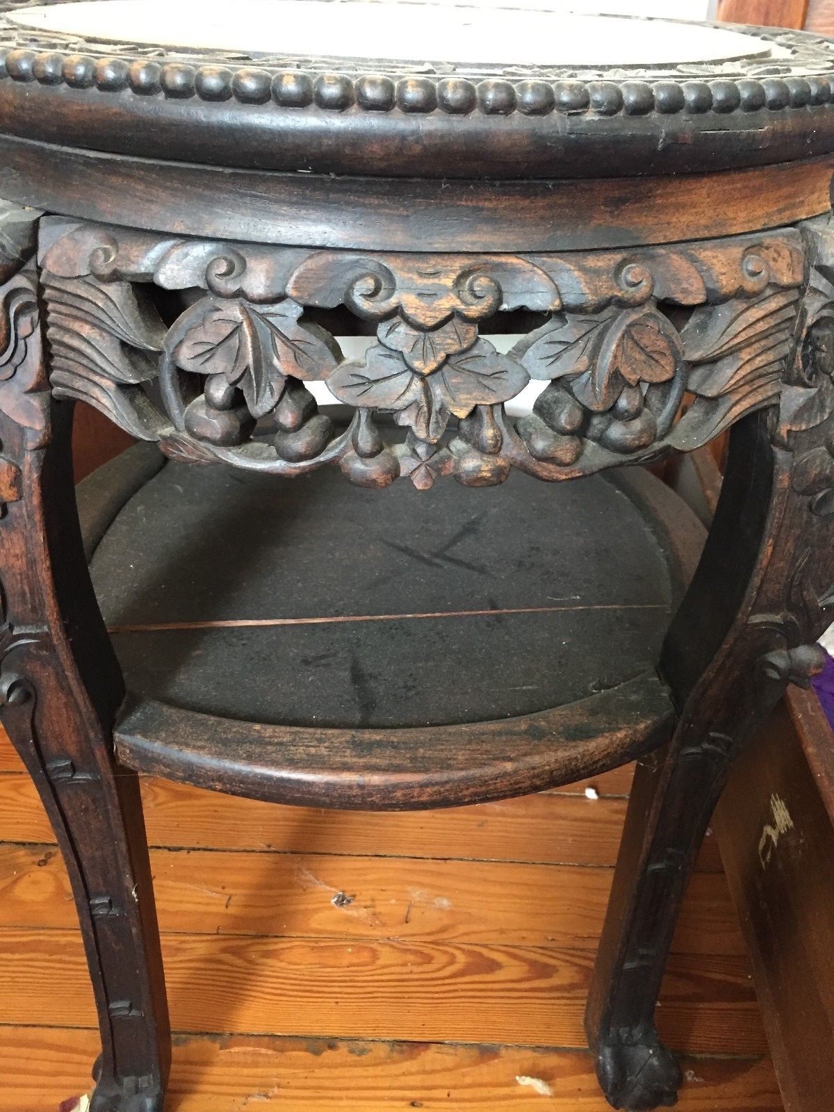Vintage Carved Round Chinese 1890-1910 Wood and Marble Table