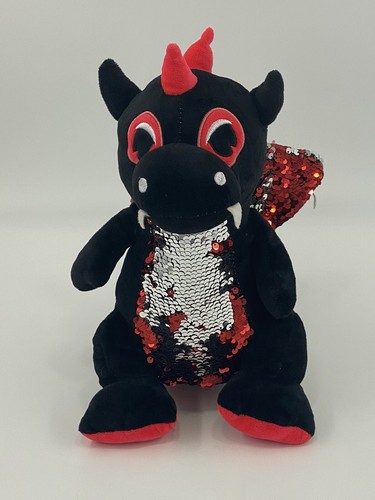 12 Inch Black Dragon Plush - Red Sequins On Wings & Front - Stuffed Animal