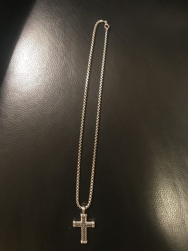 David Yurman Sterling Silver Chevron Cross Pendant w Black Diamonds & 22