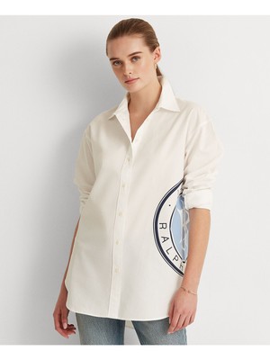 

LAUREN RALPH LAUREN Женский белый топ с манжетами на пуговицах с логотипом и логотипом Petites