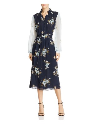 

JOIE Женское темно-синее платье с цветочным принтом и длинными рукавами чайной длины + расклешенное платье Размер, Navy