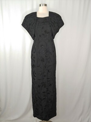 Carmen Marc Valvo 4 Black Beaded Long Sleeveless Gown with Bolero Jacket 