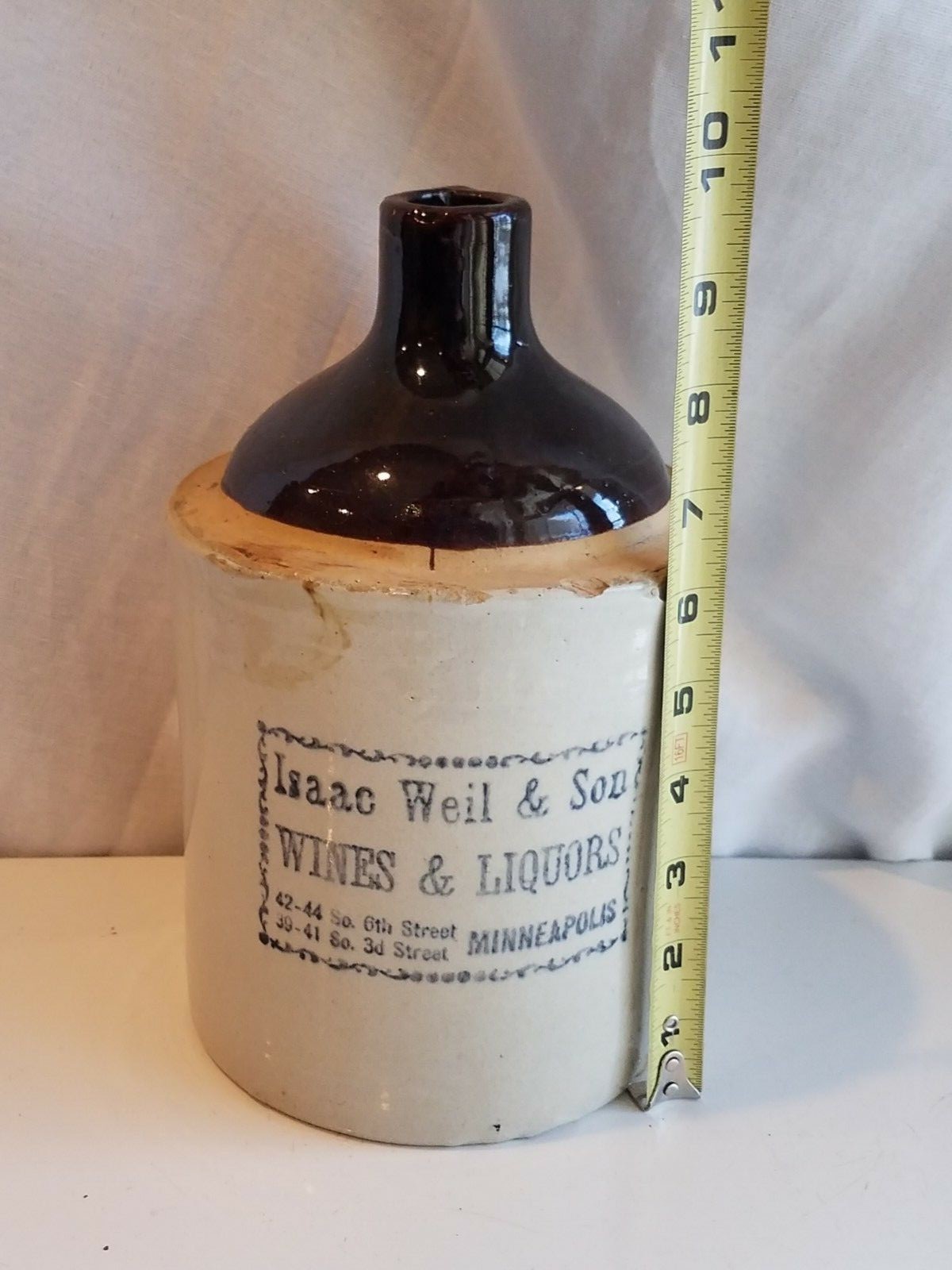 ADVERTISING STONEWARE JUG Minneapolis Wines & Liquors Isaac Weil Son Antique Old