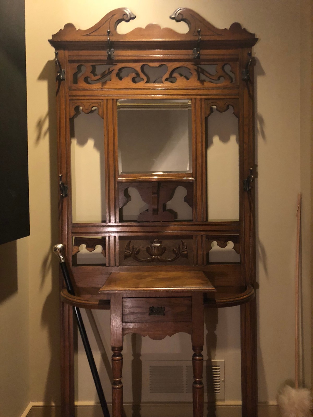 Antique English Oak Hall Tree with Original Drip Pans and Hardware