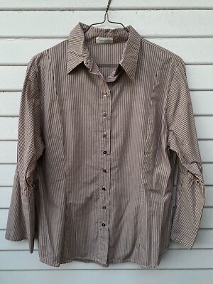 KRISTA LARSON Brown White Striped Cotton Shirt Blouse Sz O/S