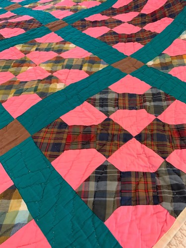 Vintage Cotton Pink Green Bowtie Hand Stiched Quilt 82 By 62