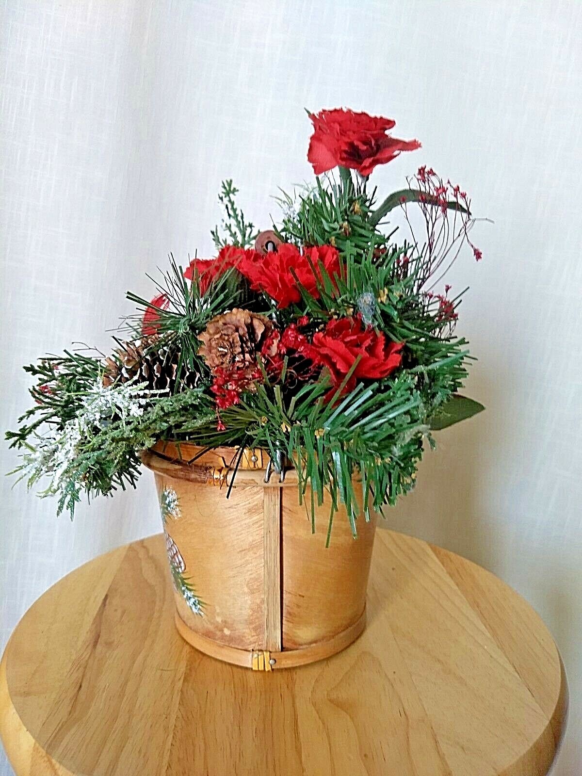 Vintage Birchwood Basket Featuring Cardinals Pine Cones Carnation  Winter Scene