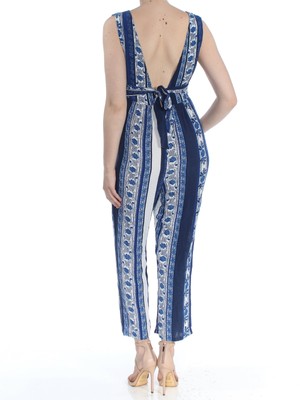 FREE PEOPLE $128 Womens New 1285 Blue Printed V Neck Sleeveless Jumpsuit 2 B+B