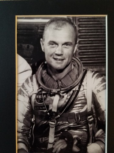 John Glenn signed autographed photo display, in astronaut suit, JSA COA