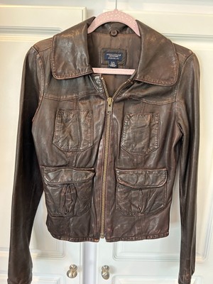 GORGEOUS AMERICAN EAGLE DISTRESSED BROWN LEATHER JACKET 4 POCKETS ZS:P/S