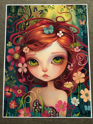 18x24in Whimsical Girl Art Poster - Enchanted Forest Flowers & Butterflies