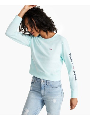 

TOMMY JEANS Женский синий топ с круглым вырезом и длинными рукавами с вышивкой